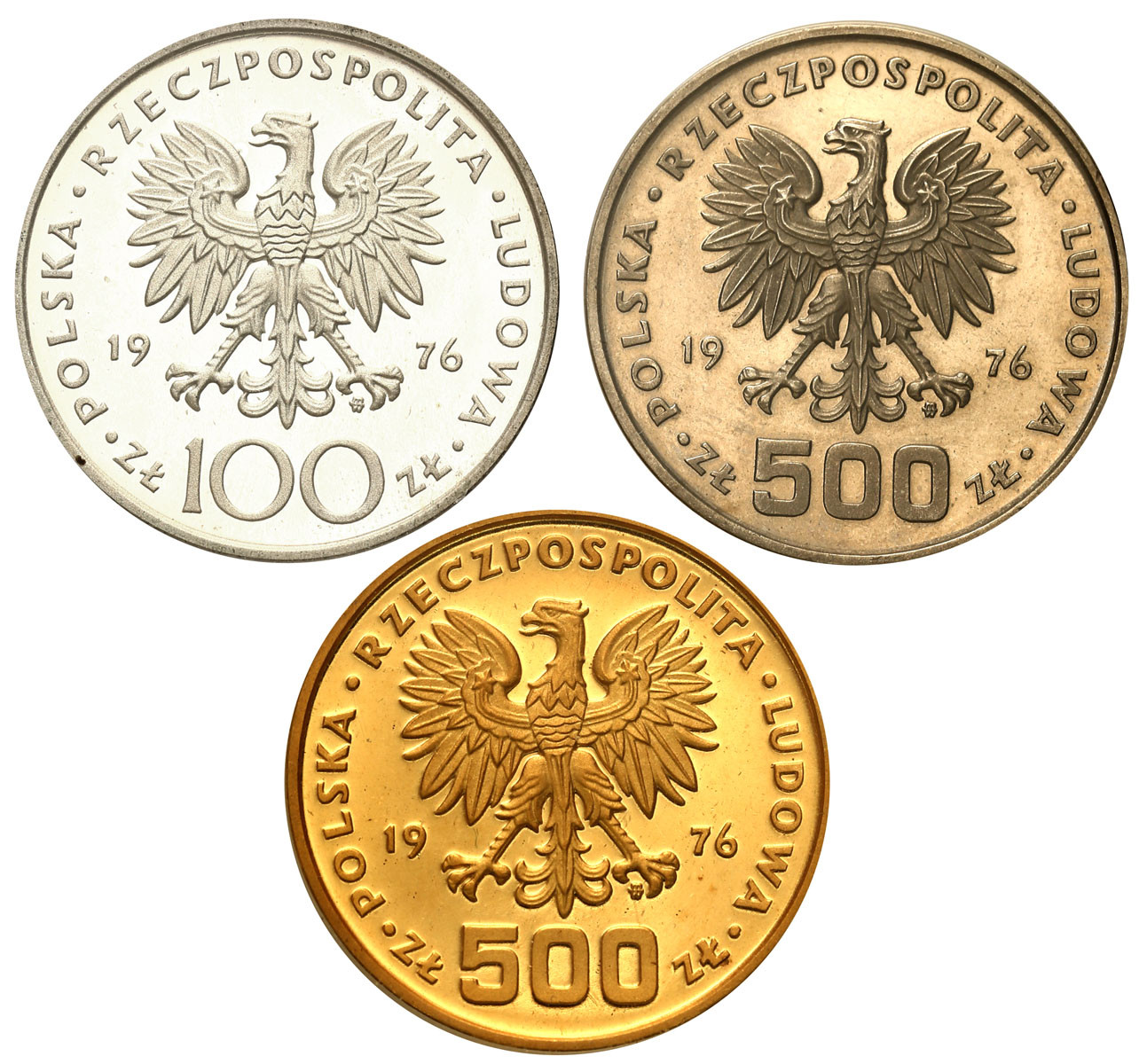 PRL. 100 i 500 złotych 1976 Złoto+Srebro+Nikiel Tadeusz Kościuszko – zestaw 3 sztuk